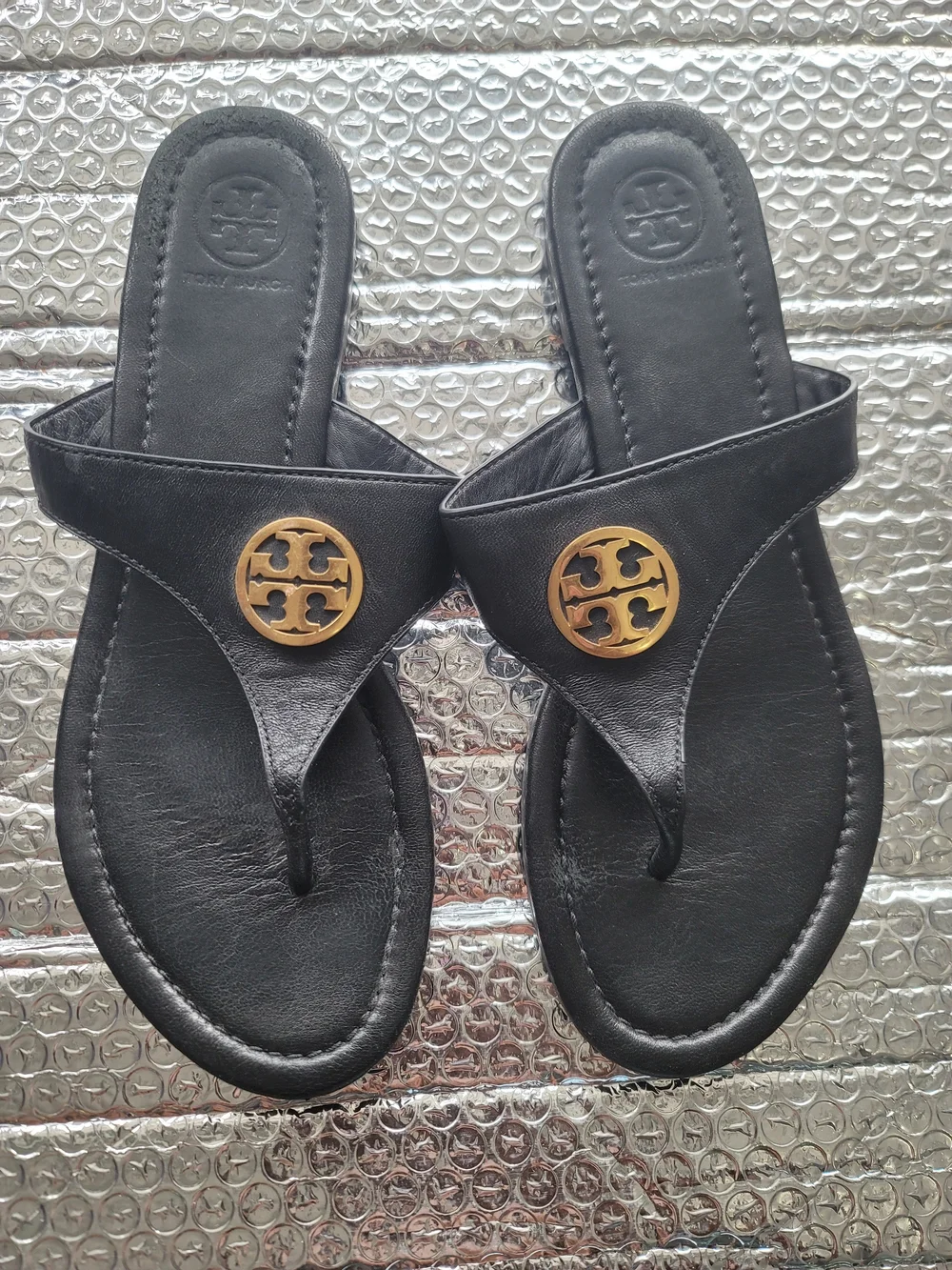 Tory Burch Black Miller Thong Sandals with Gold Logo